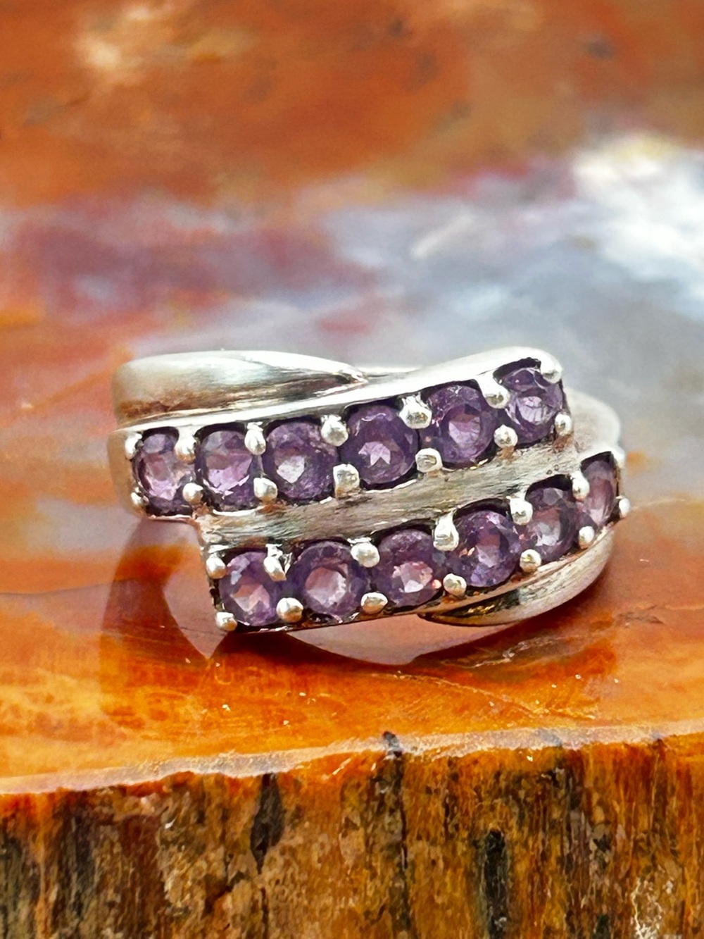 Sterling Silver Double Row Amethyst Ring - Size 6